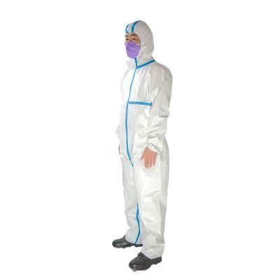 Medical Supplies Disposable Hazmat PPE Coverall CE Level 3 Waterproof Hooded Protective Clothing with Blue Tape