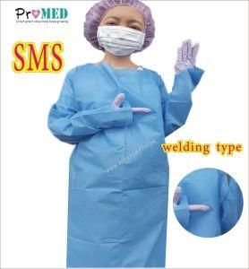 Impervious thumb hook/up gown, Blue Disposable SMS thumb loop gown, welding sleeve