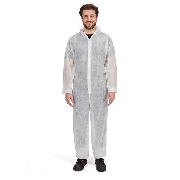 Polypropylene Hooded Jumpsuit with Zip Closure White Color Disposable