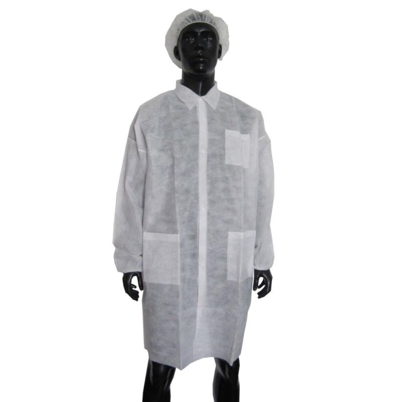 Disposable Medical Lab Coat White Art Smock Knit Cuffs with Double Collar