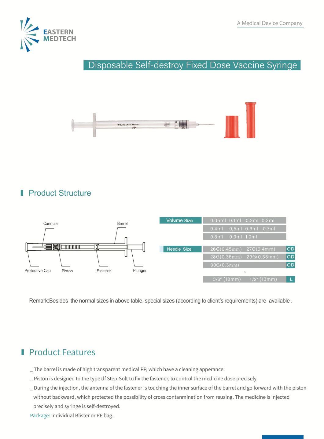 CE&ISO Certificated Disposable Medical Device Self-Destroy Fixed Dose Vaccine Syringe 0.05ml