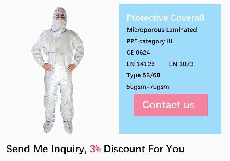 White Waterproof Safety Coverall PPE Kits Sf Disposable Protective Clothing with Blue Bound Seams