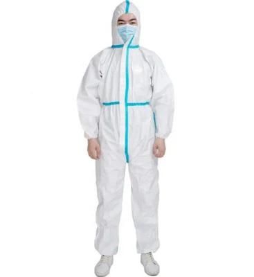 White Blue Customizable Logo Grade Hooded Elastic PE Composite File SMS PP+PE Microporous 35-65GSM Disposable Coverall
