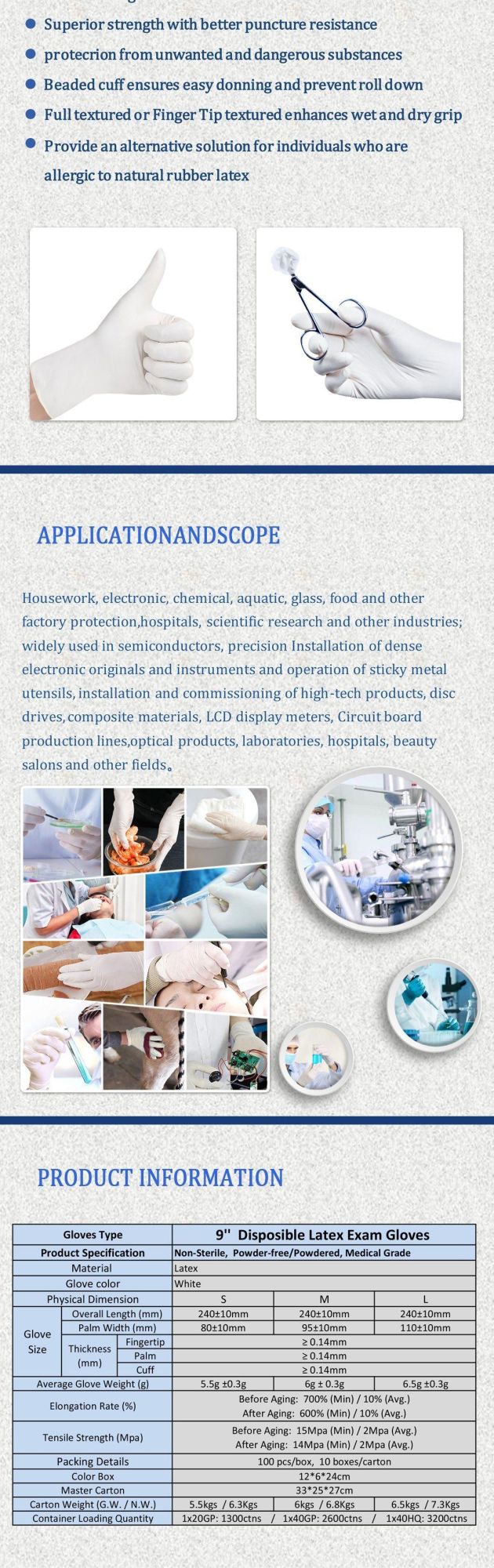 Powder Free Latex Gloves 100% L/C Sign with Factory Disposable Medical Examination Latex Protective Gloves