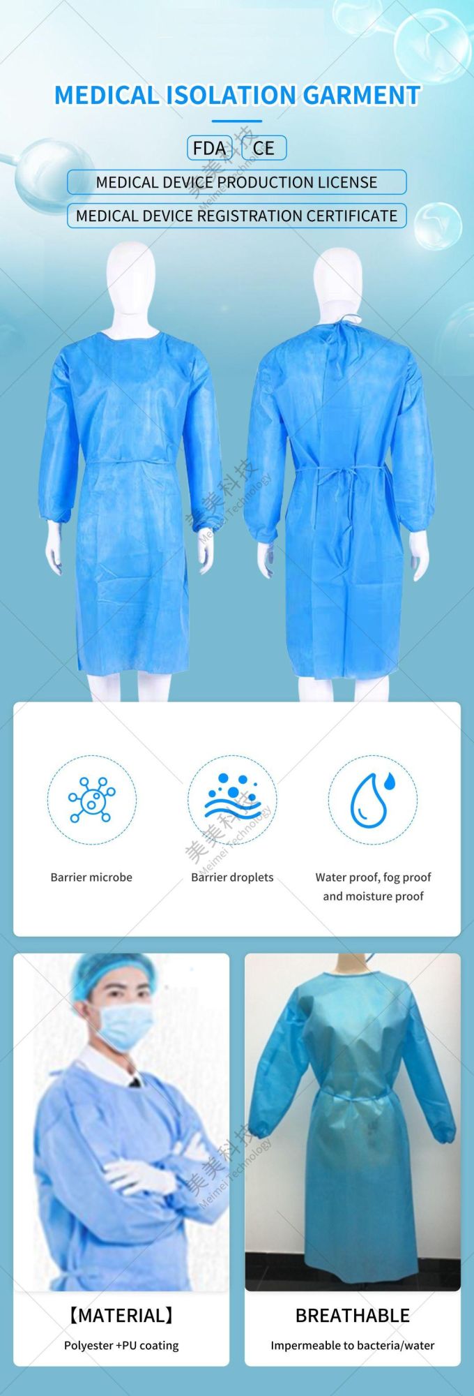 Isolation Garment Coverall Sterile Medical Hospital Surgical Gown En: 14126 Gown Antifluid Clothes PPE Medical Supply