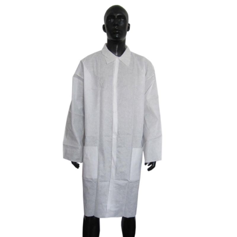 Disposable Medical Lab Coat White Art Smock Knit Cuffs with Double Collar