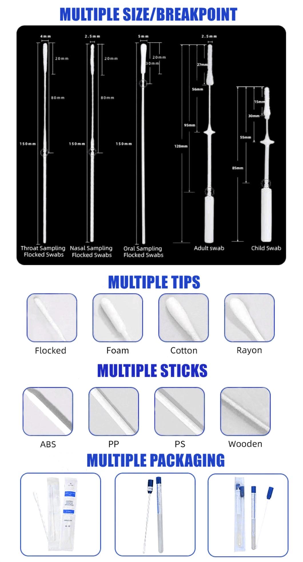 Medical Nasopharyngeal Swab Test Kit Sticks Disposable Sampling Flocked Anterior Nasal Throat Oral Swab
