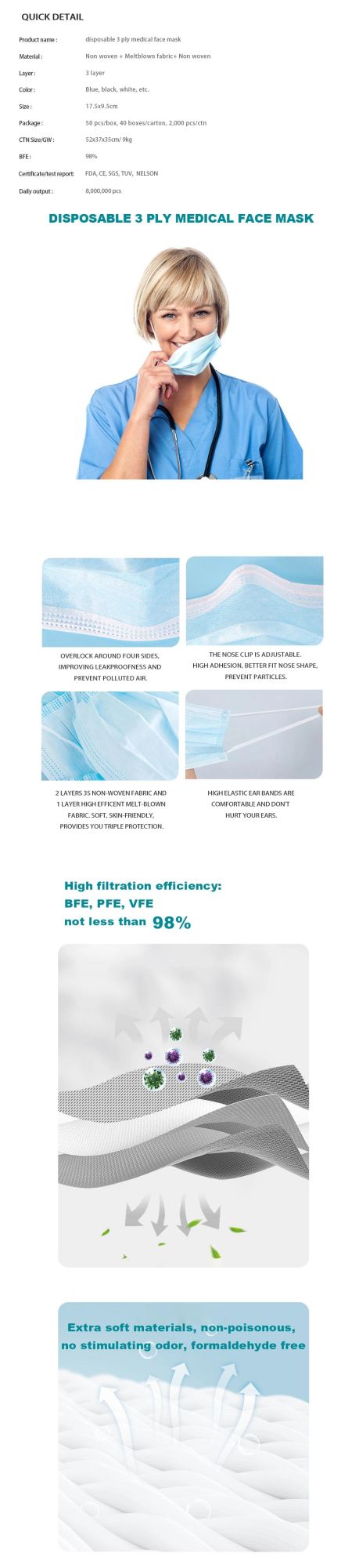 Disposable 3 Ply Anti Splash Virus Made in China Medical Mask