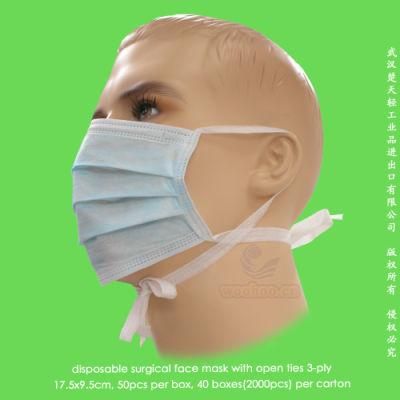 Disposable 1-Ply 2-Ply 3-Ply Hospital Face Mask with Head Tie-on