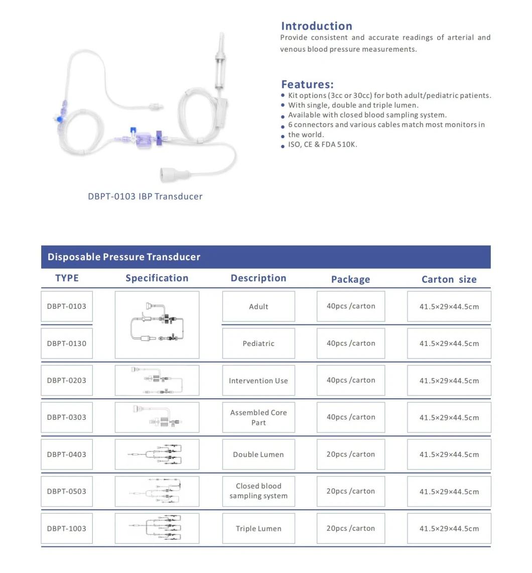 Medical Supplier FDA 510K IBP Transducers Disposable Medical Single Lumen