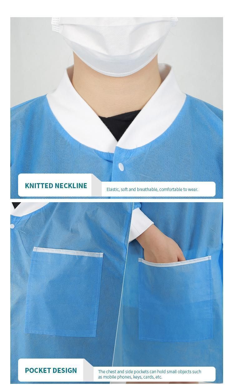 White Blue PE PP SMS Disposable Lab Coat