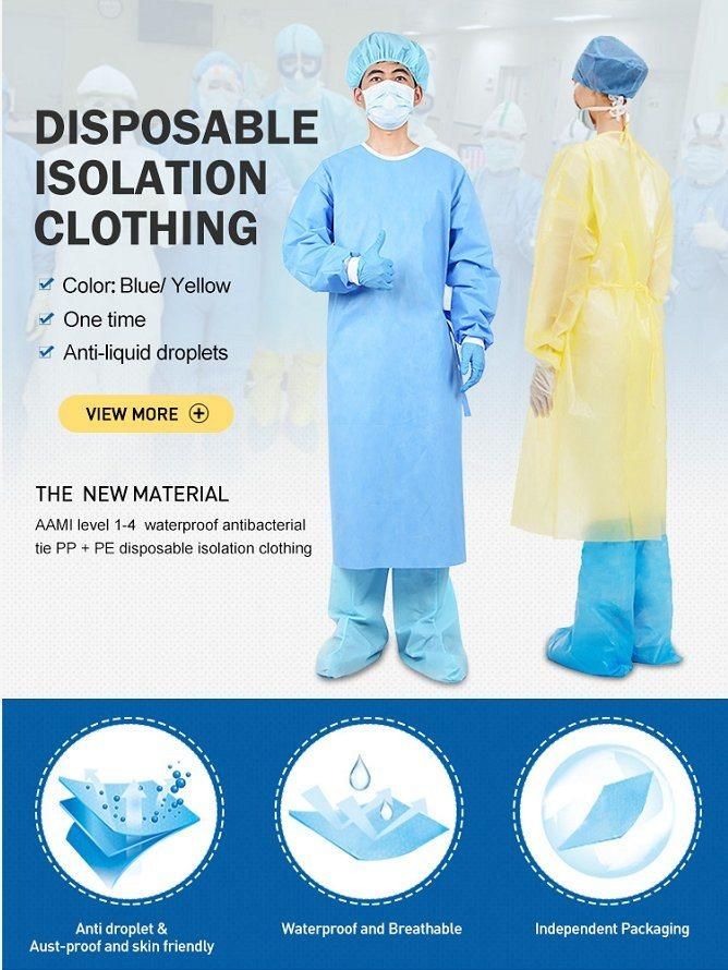 Disposable Isolation Gown Prevent Droplets Safety Breathable Coverall Non Woven Blue/Yellow PP+PE Isolation Gown Clothing