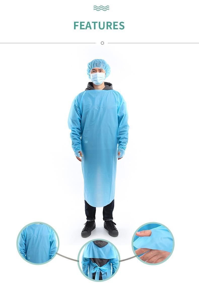 CPE Diposable Plastic Hospital Gown, Blue Waterproof Isolation Gown