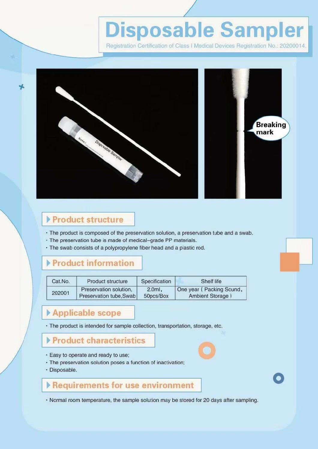 Medium Flocked Swab Kit Virus Sampling Tube/Disposable Sampler