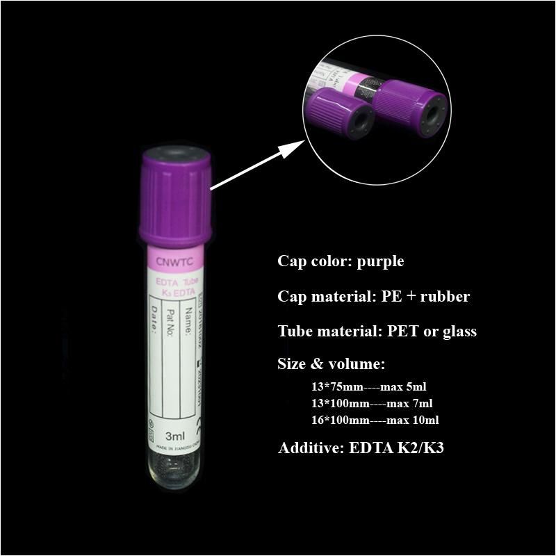 Medical Consumables Plastic Purple Cap Glass Pet Blood Vacutainer Vacuum Blood Collection Tube K2/K3 EDTA Tube