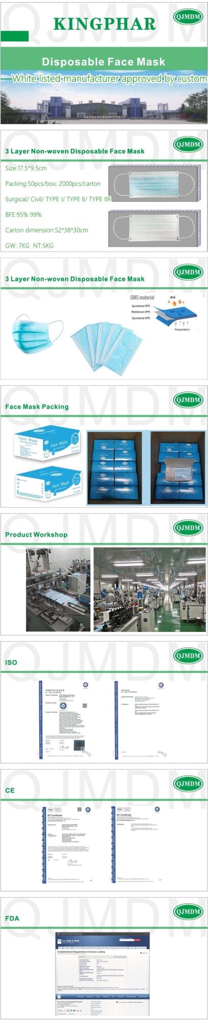 CE En14683 3ply Ear-Loop Disposable Single-Use Protective Protect Non Woven Hospital Medical Surgical Face Mask