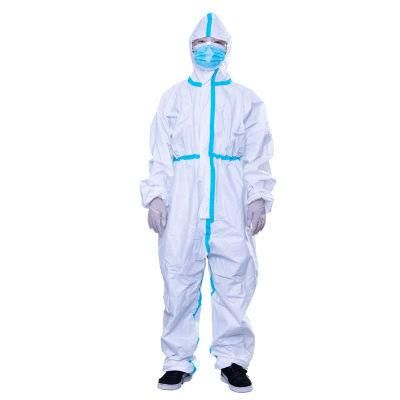 White Disposable Coverall Suit Non Woven Isolated with Blue Stripe