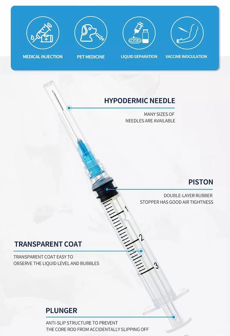 Disposable Sterile Medical Plastic Injection Syringe with Luer Lock / Luer Slip Tip with Needle or Without Needle for Single Use All Sizes