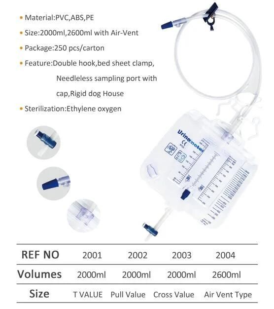 Medical Disposable 2000ml Urine Drainage Bag Medical Grade PVC Transparent Urine Collection Bag for Adult