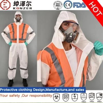 Konzer CE Approved 63G Industrial Protective Clothing Disposable Safety Garment Workwears with Reflective Stripe