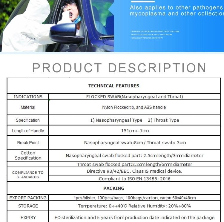 Disposable 6inch Sterile Collection Flock Nasopharyngeal Oral Nasal Swab