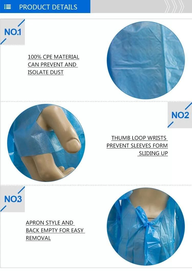 Polythene Waterproof CPE Surgical Gown Isolation with Tumb Loop Plastic Impevious Tablier