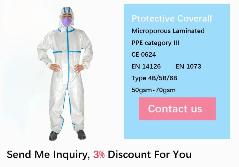 Disposable Coverall Suit CE En14126 Hazmat Suit Waterproof Breathable PP PE Medical Protective Clothing
