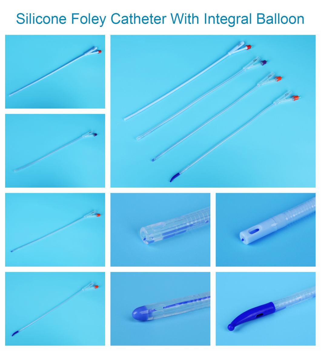 Two Way Transparent or Blue Silicone Foley Catheter with Unibal Integral Balloon Technology Integrated Flat Balloon Central Open Tipped Suprapubic Use