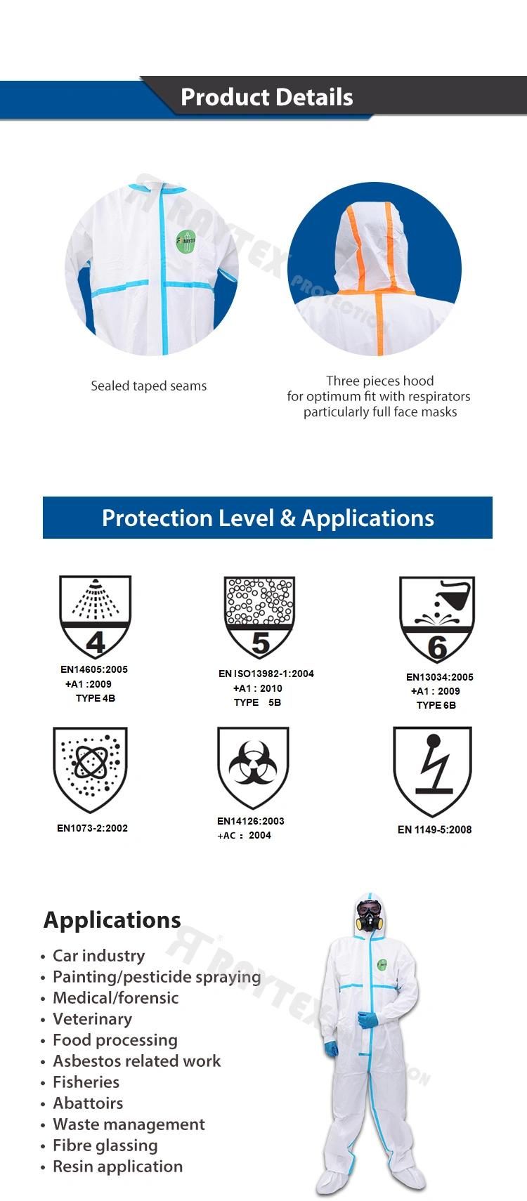 Disposable Type4/5/6 Coverall Nonwoven SMS Heat Sealed Tapes Protective Wear Clothing En1073