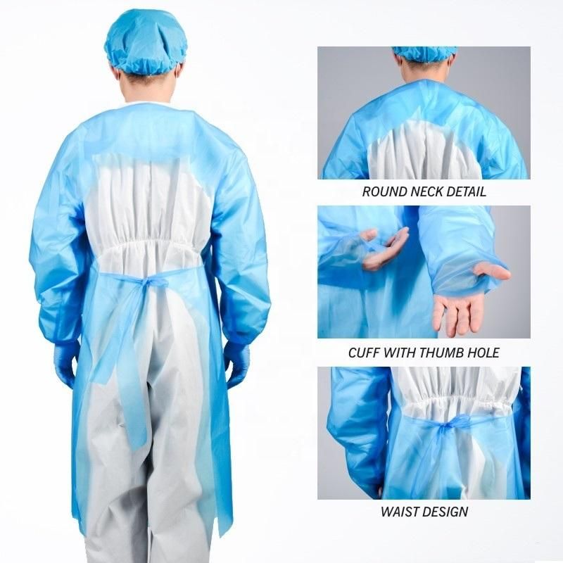 Disposable CE Blue Waterproof Surgical Isolation Hospital Thumb Loop CPE Gown