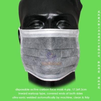 Disposable 4-Ply Nonwoven Active Carbon Face Mask with Elastic Ear-Loops or Ties