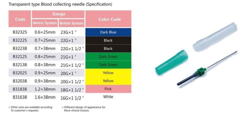 Medical Disposable Blood Collection Needle, Transparent Type Blood Colleacting Needle 18g X 1 1/2′ ′