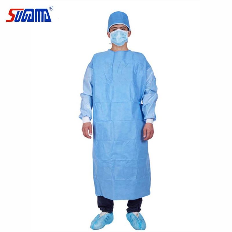 Blue Non-Woven SMS Cleanroom AAMI Level 2 Protective Disposable Isolation Surgical Gown with Knit Cuff