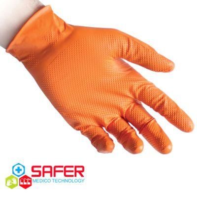 Orange Nitrile Gloves Disposable Powder Free Diamond Pattern