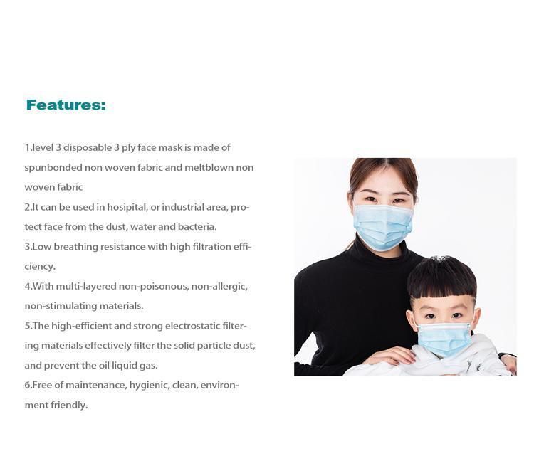 Level 3 Disposable 3 Ply Adult Anti Dust Pm2.5 Virus FDA 510K Approved Non-Woven Fabric Medical Face Mask