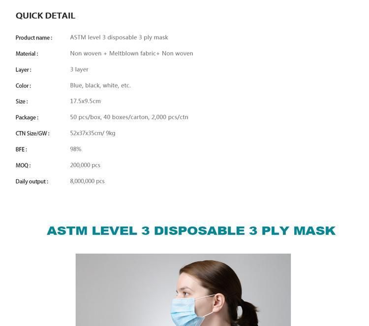 Level 3 Disposable 3 Ply Adult Anti Dust Pm2.5 Virus FDA 510K Approved Non-Woven Fabric Medical Face Mask