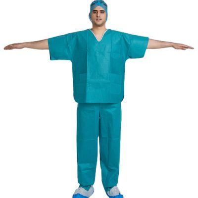 PP/SMS Patient Gown Suit Disposable Scrub Suits Pajama Patient Gown with V-Collar or Round Collar