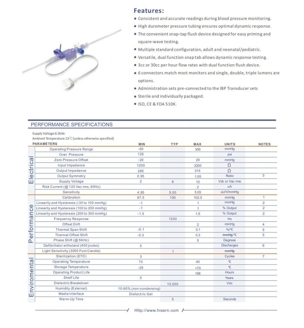 Surgical Hisern Dynamic Response Testing Blood Pressure Disposable Medical Transducers