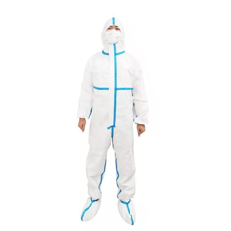 White Disposable Coverall Suit Non Woven Isolated with Blue Stripe