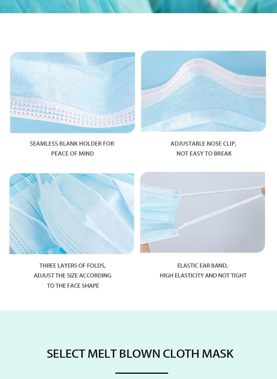 3 Ply Disposable Elastic Ear-Loop Adult Anti-Virus FDA 510K CE En14683 Approved Non-Woven Fabric Blue Medical Face Mask