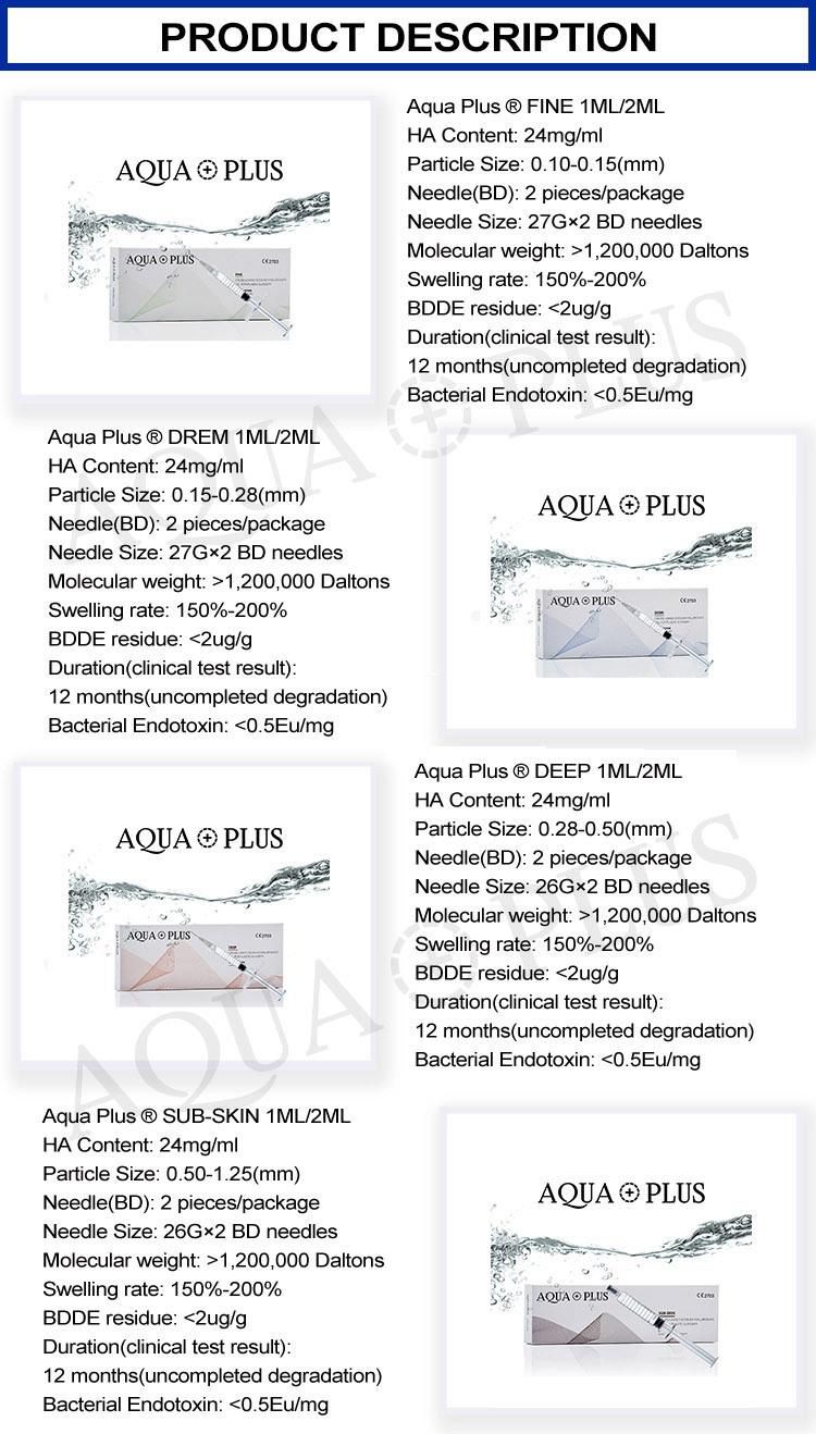 Aqua Plus CE Certified Injectable Non-Animal Fermentation Cross Linked Facial Lip Hyaluronic Acid Dermal Filler Injections