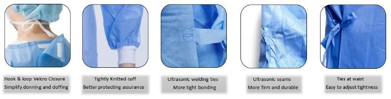 Level 3 En13975 Ultrasonic Welding 45GSM SMS Disposable Surgical Gown