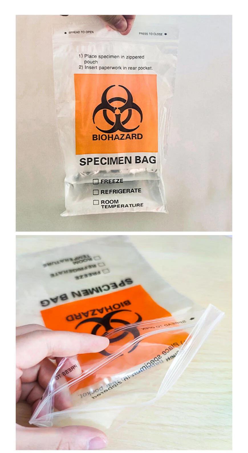 Lab 100% LDPE Biohazard Specimen Plastic Bag with Extra Pocket