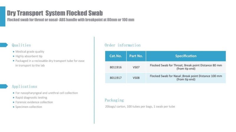 New Type Dry Transport System Flocked Swab Test Swab for Throat or Nasal Breakpoint at 80mm or 100 mm