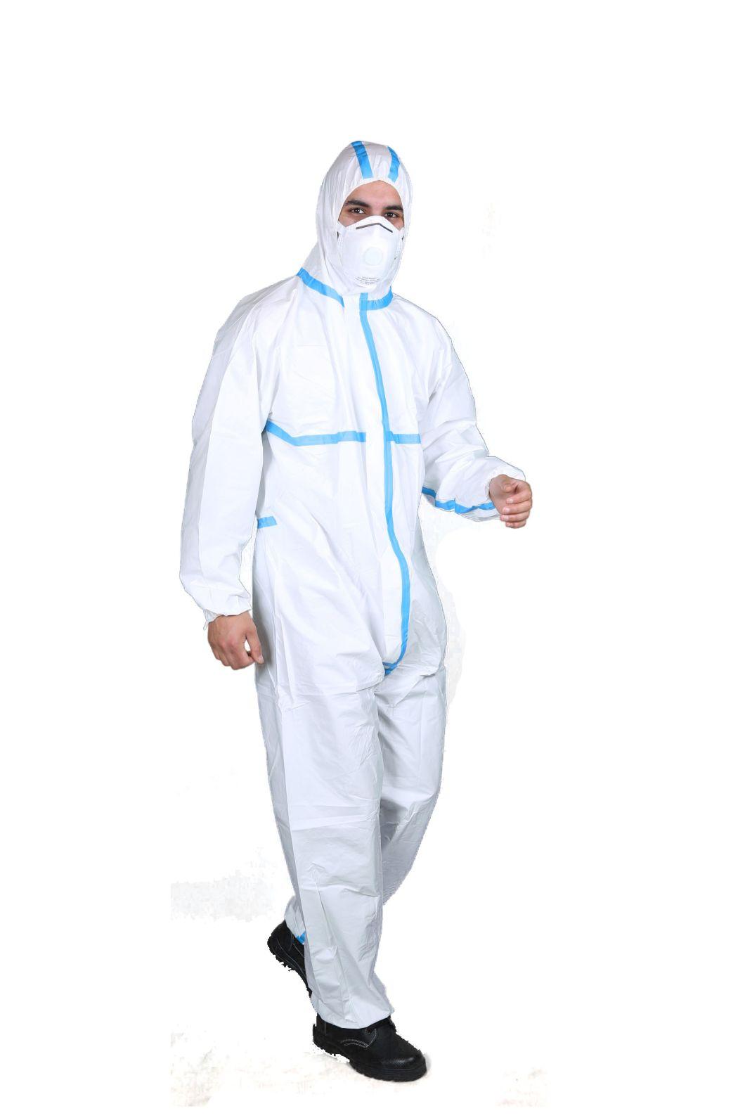 Type 4-5-6 Soft Touch Custom Size White Safety Microporous Coverall with Blue Tape