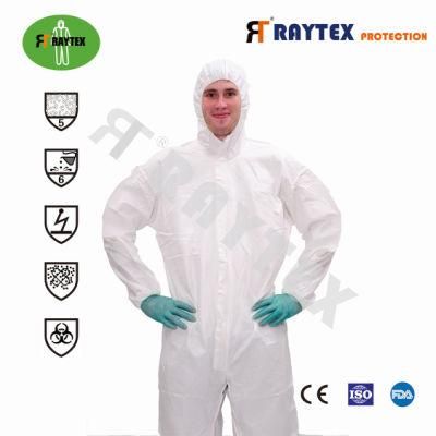 PPE Disposable Microporous 65g Type 5/6 Coverall /Suit /Garment with Elastic Hood and Cuff En14126 Standard with CE FDA