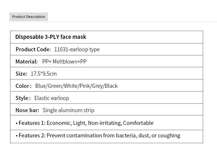 Hot Sale Personal En14683 Bfe99 Earloop Elastic Protective PP 3 Ply Face Mask