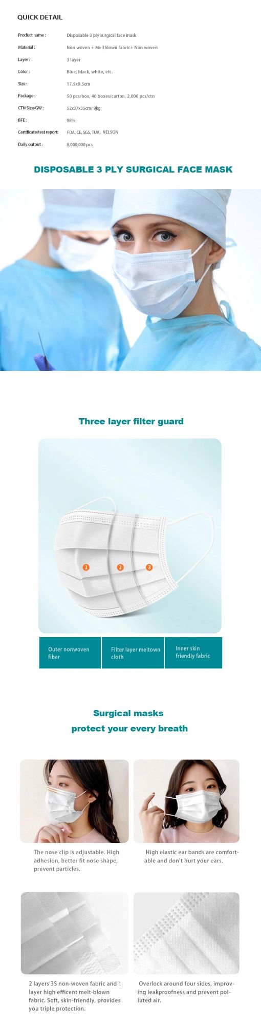 Factory Adult Latex Free Disposable 3 Ply Melt-Blown Fabric Surgical Mascarilla