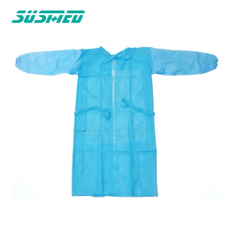 Disposable Blue Non Woven Elastic and Knitted Cuffs Isolation Gown