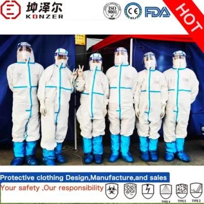 Konzer CE Approved Type 5/6 White Coveralls Disposable Medical Protective Clothing with Hood &Melt Tape